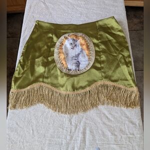 Elegant Green Cat Print Skirt with Fringe